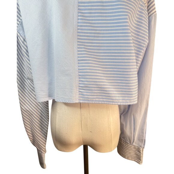 2/$30 ZARA M Cropped Blue & White Striped Cotton Button-Up Shirt Collared Neck - Picture 11 of 12